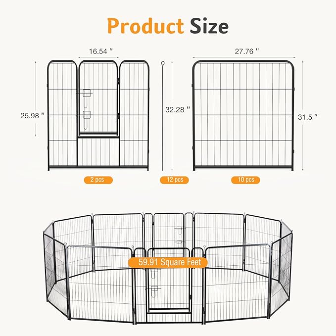 NEWBULIG Dog Playpen for Indoor 32 Inch 12 Panels - Portable Heavy Duty Metal Pet Exercise Pen with Door, Foldable Small Medium Dog Puppy Playpen Fence for Outdoor RV, Camping, Yard, Garden