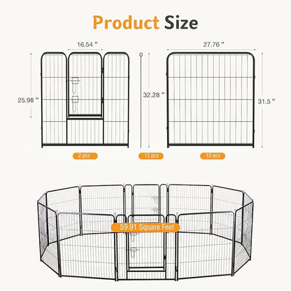 NEWBULIG Dog Playpen for Indoor 32 Inch 12 Panels - Portable Heavy Duty Metal Pet Exercise Pen with Door, Foldable Small Medium Dog Puppy Playpen Fence for Outdoor RV, Camping, Yard, Garden