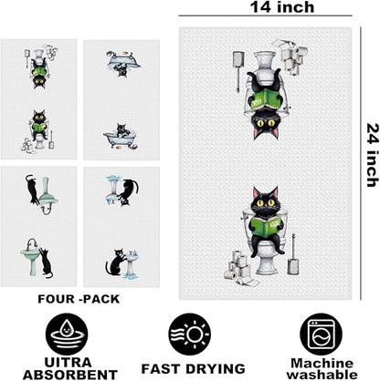 Hanamiya Na 4 Pcs Funny Cat Hand Towel for Bathroom 24x14 Inch, Funny Absorbent Microfiber Dish Cloth Towel, Waffle Weave Hand Towels for Toilet Home Cats Bathroom Decor, Cat Lover Gifts