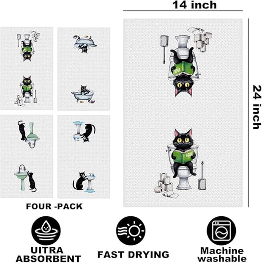 Hanamiya Na 4 Pcs Funny Cat Hand Towel for Bathroom 24x14 Inch, Funny Absorbent Microfiber Dish Cloth Towel, Waffle Weave Hand Towels for Toilet Home Cats Bathroom Decor, Cat Lover Gifts