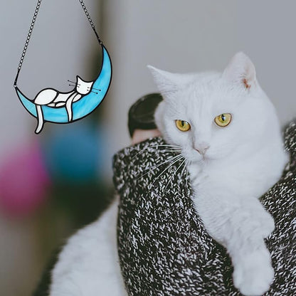 Sleeping White Cat on Moon Stained Glass Window Hangings,Cats Decor Cat Memorial Gifts for Cats Lovers,Suncatcher for Kitchen Bedroom Birthday Gift for Mom Grandma Aunt
