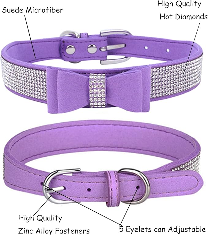 Bling Dog Collar for Small Medium Large Dogs, Crown Rhinestone Dog Collars for Girl and boy Dog, Diamond Puppy Collars, Adjustable Leather Suede SOFE Cat Collar (XS(8.2"-10.6"/21CM-27CM), Purple3)