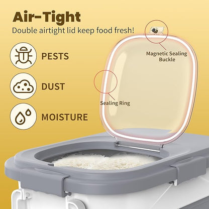 HOYTAMDA 20-30Lbs Rice Container,Collapsible Airtight Food Storage Containers with Wheels,Handle,Rice Storage Container with Small Bin and Scoop,Rice Dispenser for Flour Sugar Cereal Grain Dog Cat