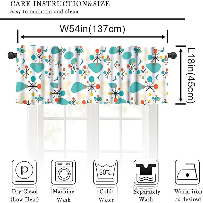 Mid Century Modern Kitchen Valance Curtains, Retro Atomic Starburst Abstract Geometric Pattern 1950S 60S Vintage Window Curtain Valance for Bedroom Living Room 54x18inch