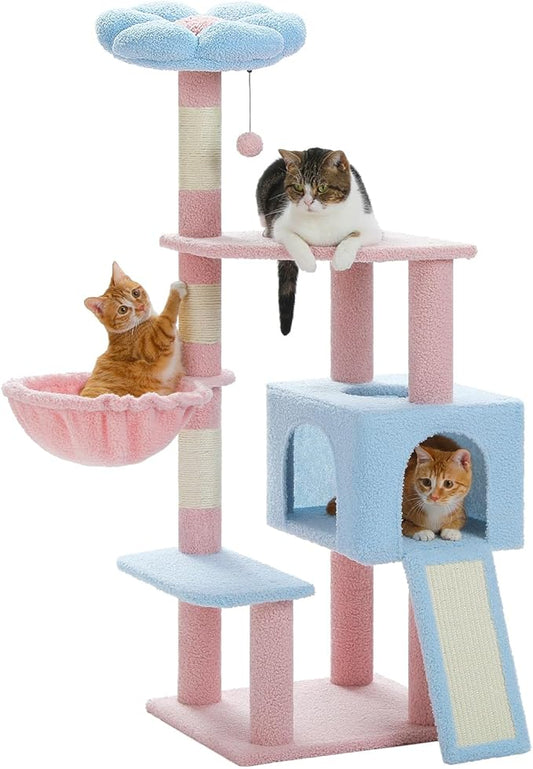 MUTTROS Flower Cat Tree 47.2" Multi-Level Cat Tower with Sisal Covered Scratching Posts, Cute Cat Condo for Indoor Small Medium Cats, Pink Top Perch, Ramp, Fluffy Ball, Blue