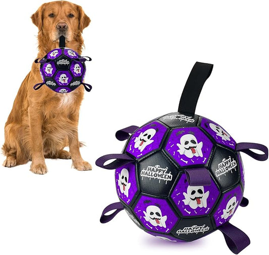 Halloween Dog Toy Halloween Dog Soccer Ball with Straps Dog Interactive Ball Toy Dog Halloween Tug of War Toy Dog Soccer Ball for Small Medium Large Size Dogs (8 inches) M