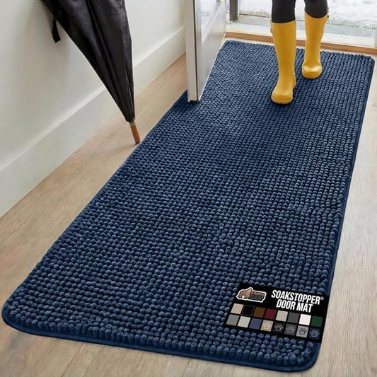 GORILLA GRIP SoakSTOPPER Dog Door Mat, 70x24 Machine Washable Rug Absorbent Doormat Captures Moisture Mud Dirt, Quick Dry Soft Chenille Entryway Rugs Indoor Entrance Mats for Dog Paws, Navy Blue