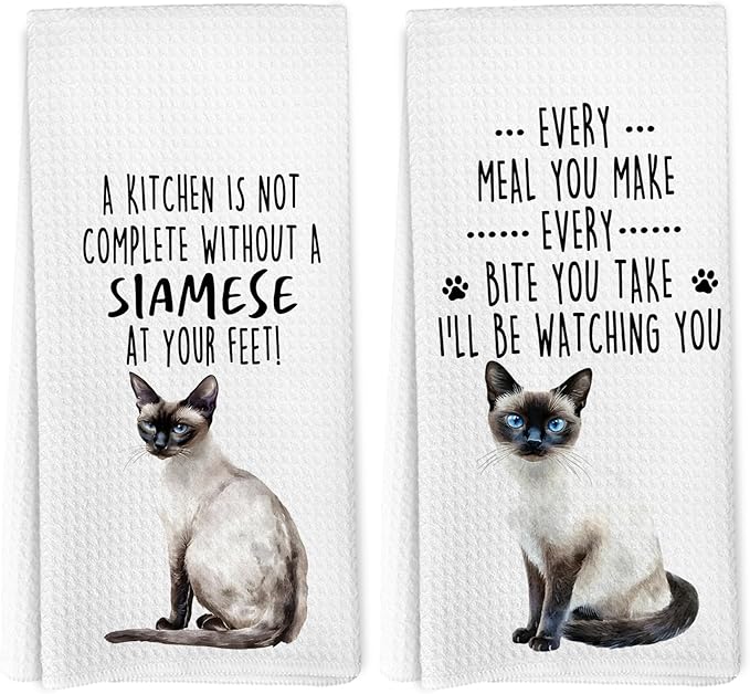Funny Siamese Cat Kitchen Towels, Siamese Cat Mom Lady Lovers Gifts for Women Hand Towels, Gifts for Pet Lovers Dishcloths Dish Towel for Kitchen 16x24 Inches Set of 2