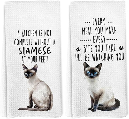 Funny Siamese Cat Kitchen Towels, Siamese Cat Mom Lady Lovers Gifts for Women Hand Towels, Gifts for Pet Lovers Dishcloths Dish Towel for Kitchen 16x24 Inches Set of 2