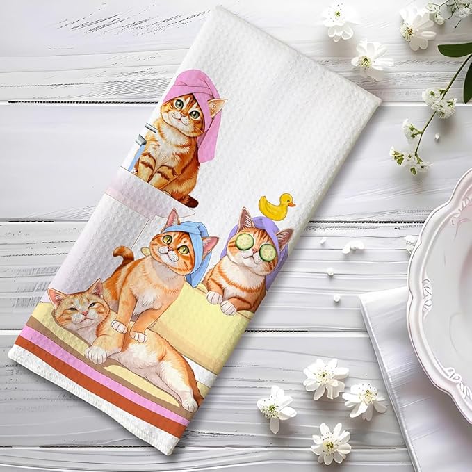 Bathing Cat Hand Towels - Quick-Dry Shower Cat Gathering Decorative Towels for Bathroom, Multi-Scene Bathroom & Spa Art Decorative Towel for Feline Ladies | Relaxation-Themed Gift for Pet Moms
