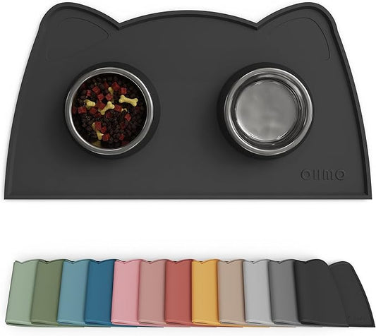 OHMO - Cat Food Mat, Silicone Pet Feeding Mat for Floor Non-Skid Waterproof Dog Water Bowl Tray, Easy to Clean Pet Placemat (Black, 18 * 9.8'')