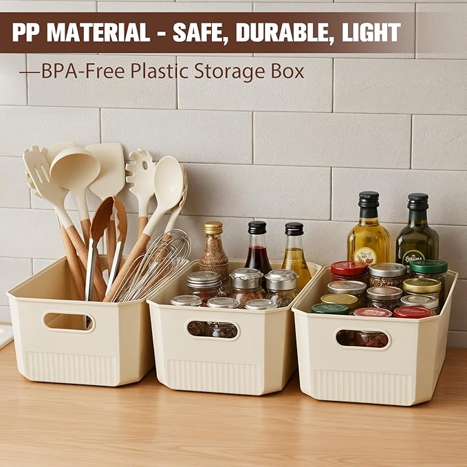ANMINY 5PCS Plastic Storage Bins Containers with Lids, Large Storage Organization Bins Boxes, Lidded Plastic Storage Baskets for Closet Shelves Desktop, Ivory Lids, 2M + 3S