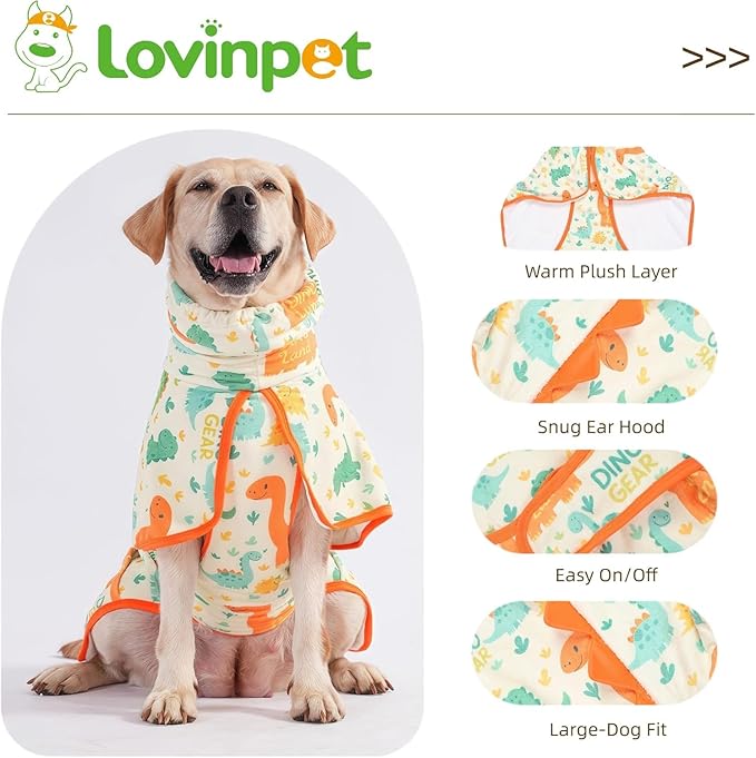LovinPet 3‑in‑1 Dog Warm Winter Coat & Bathrobe, Hooded Dinosaur Fleece, Lightweight High‑Loft, Absorbent Knit, Quiet Hook‑and‑Loop, Wind‑Blocking Edges, Dog Robes for Medium & Large Dogs, Orange,XL