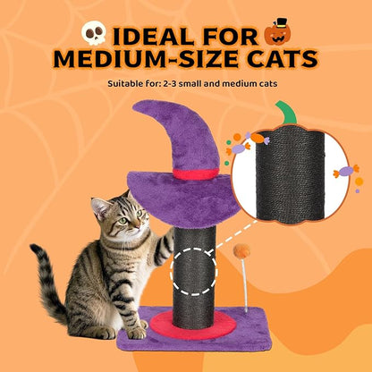 VINGLI 23.7in Wizard Hat Cat Scratching Post with Spring Ball Toy for Indoor Cats, Halloween Cat Scratcher with Purple Wizard Hat Design, Sisal Wrapped Cat Scratcher