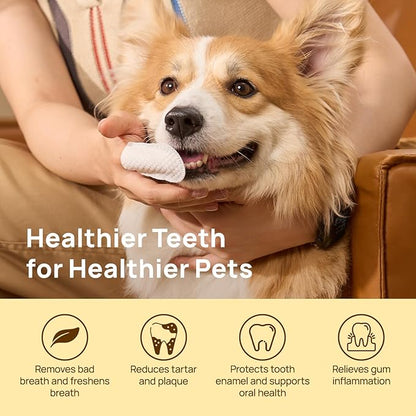 HICC Pet Teeth Cleaning Wipes for Dogs & Cats, Remove Bad Breath by Removing Plaque and Tartar Buildup, Disposable Dog Finger Toothbrush Gentle Pet Dental Care Wipes, 50 Counts, (Mentha Spicata Scent)