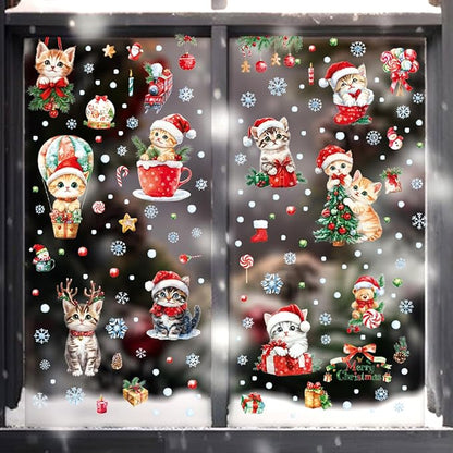 Christmas Window Clings Cat Stickers for Window Glass, 9 Sheets Xmas Decorations Cat Tree Bells Decals for Holiday Party(Cat2341)