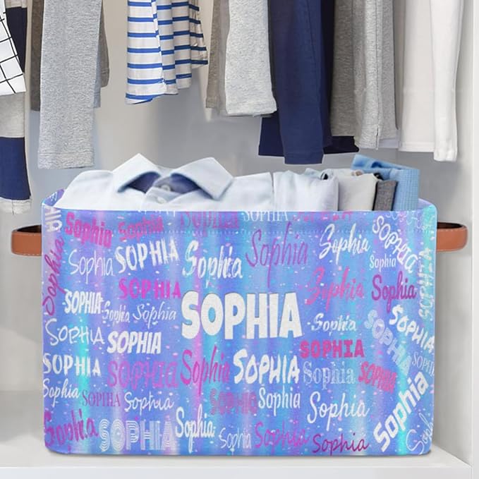 Custom Storage Baskets Named, Personalized Storage Bins Basket Boxes PU Leather Handles for Clothes Bedroom Closet Organizing Toys Books Shelves, Gradient Light Blue Stripes with Stars