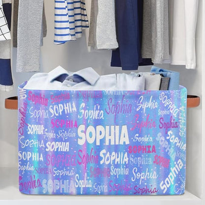 Custom Storage Baskets Named, Personalized Storage Bins Basket Boxes PU Leather Handles for Clothes Bedroom Closet Organizing Toys Books Shelves, Gradient Light Blue Stripes with Stars