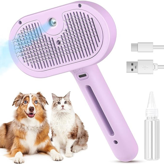 3 in 1 Cat Steam Brush, Pet Spray Hair Removal Comb for Shedding & Grooming, Water Brush for Cats Dogs Small Animals Long Short Haired with One-Click Release Button(Purple)