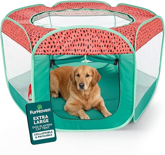 FurHaven Portable Pet Playpen for Dogs & Cats, Foldable, Indoor Kitten Playpen with Mesh Sides, Foldable, Pop Up Travel Dog Pen, X-Large, Green & Pink