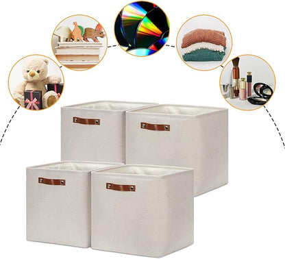 DULLEMELO Storage Bins, 4 Pack Of 13x13x13 Decorative Storage Cube Bins Suit Office, Home, Shelves And Closet, Cube Storage Bin with Leather handle(4 Pack - 13" Beige)
