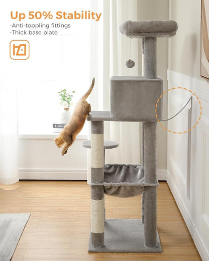 MUTTROS Cat Tree for Large Cats Adult with Metal Plush Big Hammock, 56.3" Cat Tower with 2 Door Condo House, 6-Tier Cat Shelves with Scratching Posts and Large Top Perch, Gray