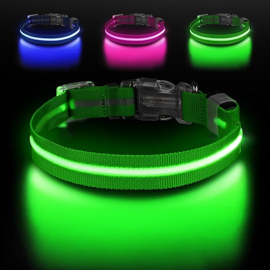 Light Up Dog Collar, Adjustable USB Rechargeable Glow in Dark Dog Collar ，Waterproof Dog Collars for Small Dogs (Green, Small)