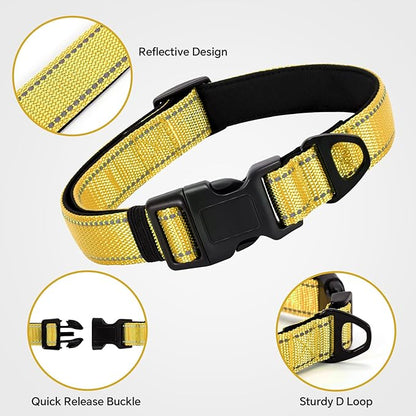 Reflective Dog Collar with Quick Release Buckle - Metal Ring - Adjustable Soft Neoprene Padded Basic Dog Collar for Small Medium Large Dogs (Yellow, Large :Width 1",Neck 15.7-23.6")