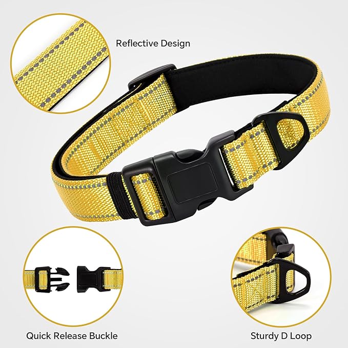 Reflective Dog Collar with Quick Release Buckle - Metal Ring - Adjustable Soft Neoprene Padded Basic Dog Collar for Small Medium Large Dogs (Yellow, Medium :Width 1",Neck 13.8-19.6")