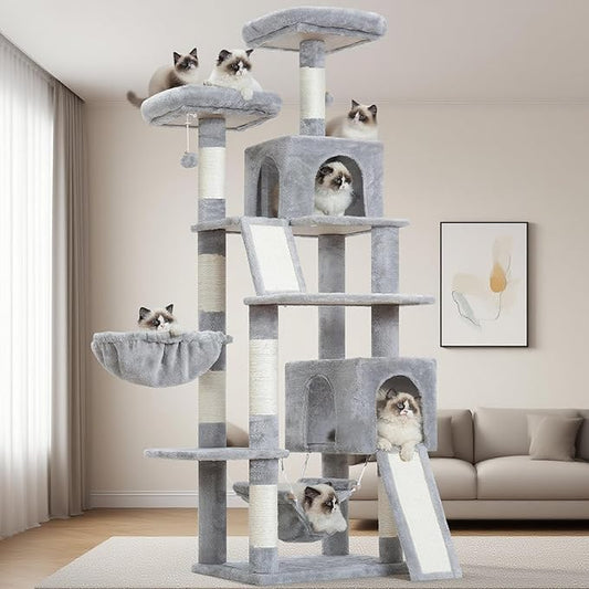 Gitelsnour Cat Tree for Indoor Cats, 71'' (180cm) Multi-Level Cat Tower for Large Adult, Sturdy Cat Tree House with 2 Scratching Boards 7 Posts, 2 Plush Perches/Condos, Hammock, Light Gray GCT032W