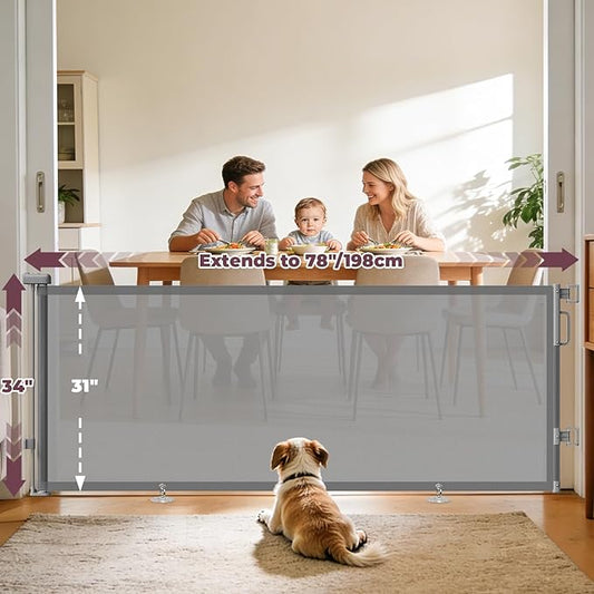 78" Retractable Extra Wide Baby Gates for Doorways, Long Mesh Dog Gate for Large Openings, Indoor Outdoor Pet Gate for Deck Porch Kitchens Hallways, 34" Height, Gray