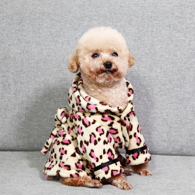 Small Dog Bathing Towel, Adjustable Dog Bath Robe for Cold Weather, Puppy Pajamas Warm Flannel Dogs Pjs, Pet Coats for Small Dogs Pink Leopard XL