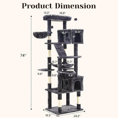 74" Heavy Duty Cat Tree for Indoor Cats, Sturdy Cat Tower for Large Cats Adult, Big Cat Tree with 6 Sisal Scratching Posts, 2 Big Condos, 2 Dual-Ear Hanging Baskets, Enlarged Top Perch, Dark Grey