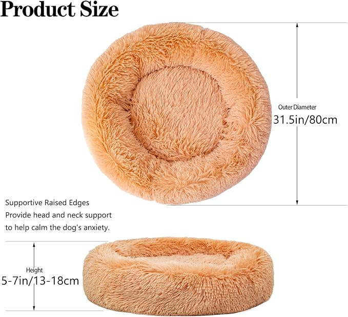 Calming Dog Bed for Medium Dogs Cats, Puppy 31'' Round Anti-Anxiety Warm Fluffy Plush Faux Fur Bed, Soft Anti-Slip Donut Washable, Cozy Medium Puppy Bed, Fits up to 50 lbs Pets