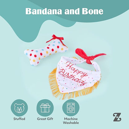 ZippyPaws Dog Birthday Gift Bandana & Bone - Cute Accessories for Girl & Boy Dogs, Holiday Set, Fits Small, Medium, & Large Dogs, Stuffed Plush Toy, Machine Washable Handkerchief - One Size Fits Most