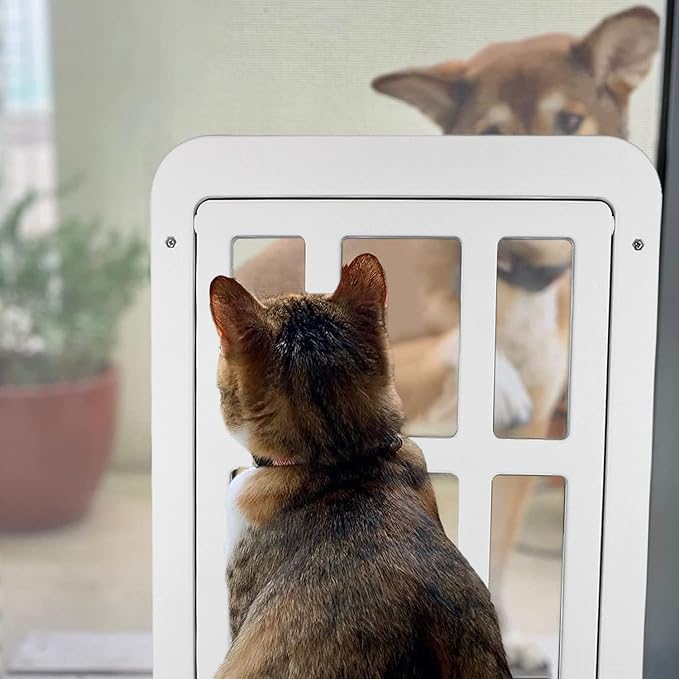 LESYPET Cat Screen Door, Inside Flap 10.3 x 8.3 Inches, Magnetic Self Closing, Cat Door for Screen Doors Sliding Doors, Flap Lockable, White
