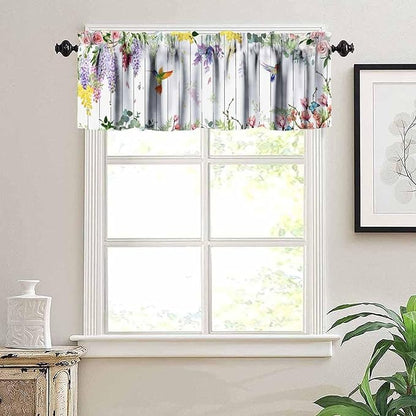 Vintage Flower Hummingbird Window Valance Curtains, Boho Watercolor Spring Bird Lavender Pink Floral Plant Valance Curtain for Farmhouse Bedroom Living Room Kitchen 54x18inch