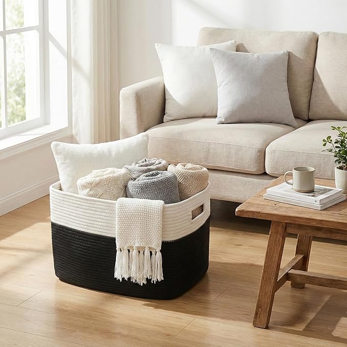 Woven Blanket Basket,96L Large Storage Bin for Blankets Toys Clothes,Decorative Rope Basket for Living Room Bedroom with Handles, White&Black