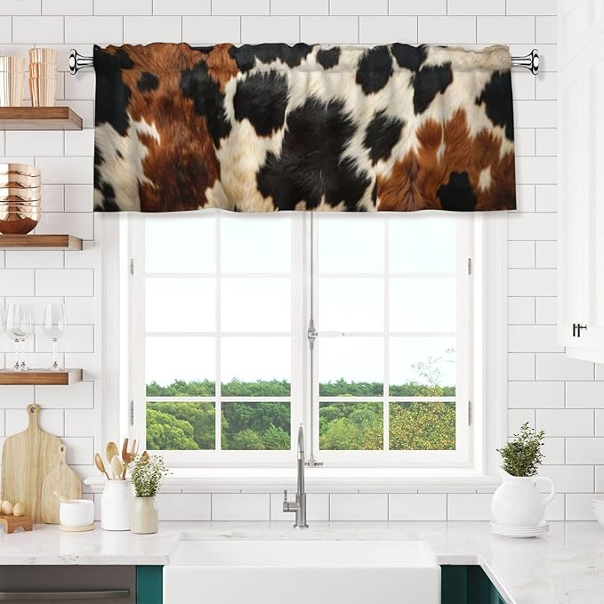 Cow Print Curtain Valance Short Rod Pocket Window Treatment for Living Room Bedroom Kitchen Bathroom 1 Panel 54" W x 18" L