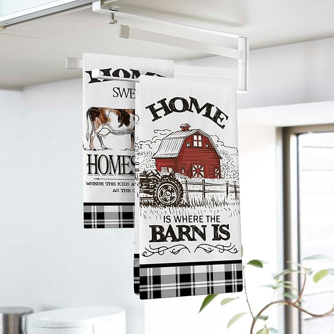 Farm Animals Kitchen Dish Towels Set of 2, Farmhouse Cow Rooster Barn Drying Hand Towel Baking Cooking Cloth, Homestead Tractor Sweet Home Decoration 18 x 26 Inches