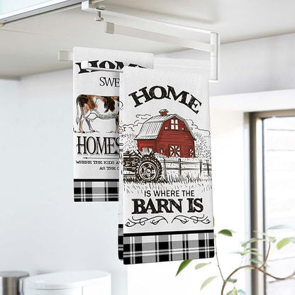 Farm Animals Kitchen Dish Towels Set of 2, Farmhouse Cow Rooster Barn Drying Hand Towel Baking Cooking Cloth, Homestead Tractor Sweet Home Decoration 18 x 26 Inches