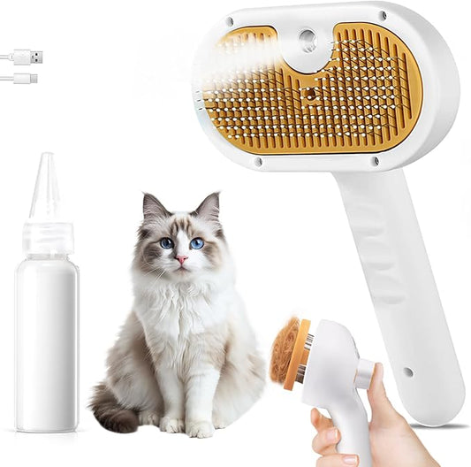 3-in-1 Pet Steam Brush Set for Dogs & Cats, Grooming Comb with Spray, Defur Tool, Water-Assisted Hair Removal, Gentle Cat & Dog Spritz Brush, Multi-Purpose Steam Grooming Kit