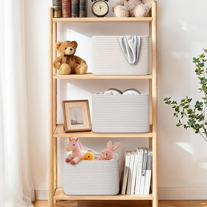 Storage Baskets for Organizing, 4 Pack Baskets for Shelves, Decorative Storage Bins for Shelves, Cotton Rope Storage Basket with Handles, Woven Basket for Storage, 13''Lx8.7''Wx7.9''H, White
