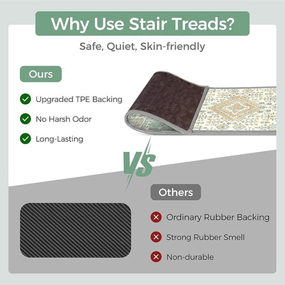 Non Slip Stair Treads for Wooden Steps 15PCS - 8"x30" Indoor Safety Carpet, Edging Mats with TPE Adhesive Backing, Pet and Elderly Friendly Stair Rugs (Green&Ivory)