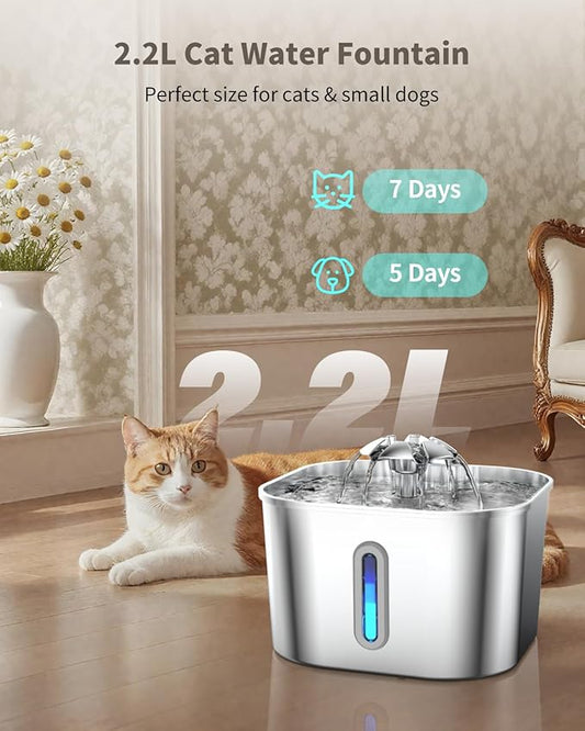 Cat Water Fountain Stainless Steel with 4 Filters & 4 Sponges, 74oz/2.2L Cat Fountain with Quiet Pump, Automatic Pet Water Dispenser, Ideal for Multi-pet Homes, Fresh & Clean Water for Cats and Dogs