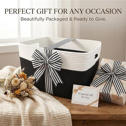 Woven Blanket Basket,96L Large Storage Bin for Blankets Toys Clothes,Decorative Rope Basket for Living Room Bedroom with Handles, White&Black