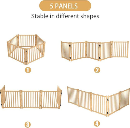 YOCAN Paint-Free Wooden Freestanding Dog Gates for The House,Doorways, Stairs,Wood Dog Fences Indoor Pet Gate,Step Over Fence, 5 Panel H:16.9''