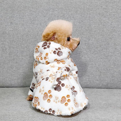 Small Dog Bathing Towel, Adjustable Dog Bath Robe for Cold Weather, Puppy Pajamas Warm Flannel Dogs Pjs, Pet Coats for Small Dogs White Paw M