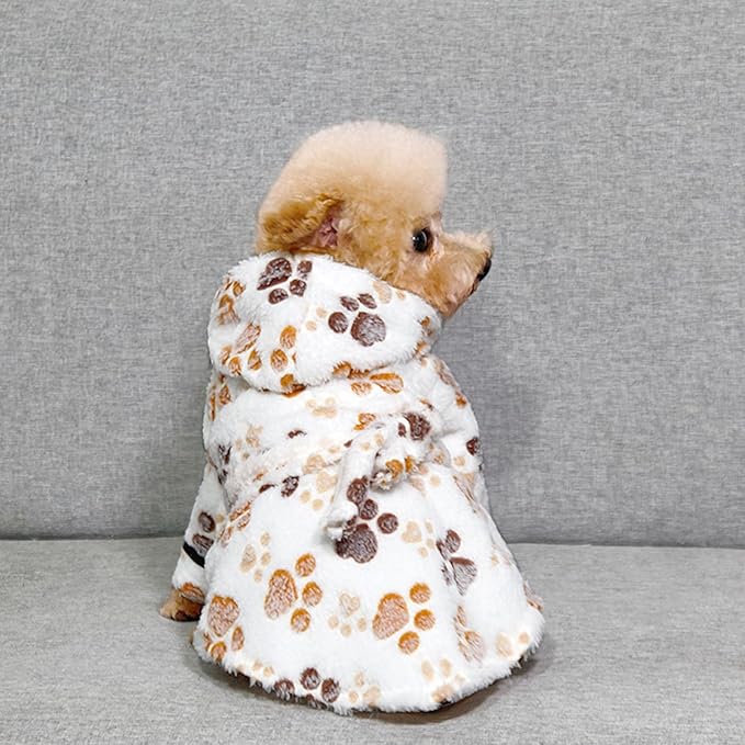 Small Dog Bathing Towel, Adjustable Dog Bath Robe for Cold Weather, Puppy Pajamas Warm Flannel Dogs Pjs, Pet Coats for Small Dogs White Paw S