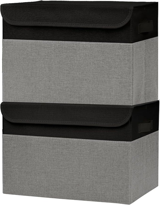 Large 42 Quarts Fabric Storage Bins with Lids [2-Pack] Linen Collapsible Foldable Storage Cubes, Closet Organizer Containers boxes with Handles for Home Office (16.7 x 12 x 12, Black & Gray)